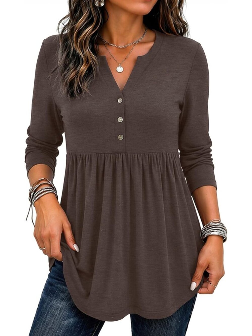 Boho Long Sleeve Pleated Tunic Top, V-Neck Fall Blouse for Women